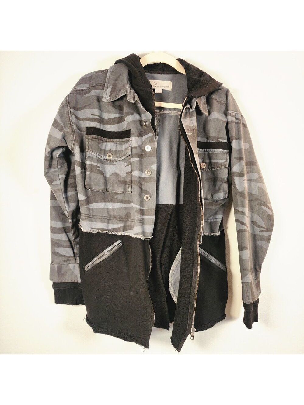 Vintage Havana Camo Colorblock Hoodie Shacket Distressed Raw Hem Womens S